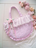 Handmade pink gingham quilted handbag with eyelet lace ruffles in shabby chic style