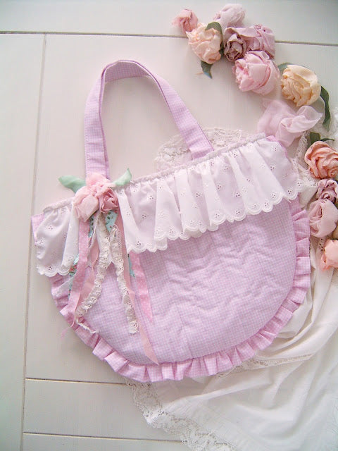 Pink Gingham Ruffle Tote Bag – Handmade Shabby Chic Cottagecore Bag | Sweet Dream Rose