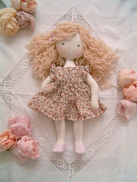Cute Blonde Waldorf Baby doll with sweet floral clothes -Sweet Dream Rose