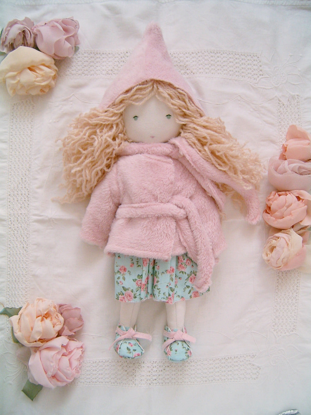Blonde Girl Waldorf Doll with Romantic Floral Clothes - Sweet Dream Rose