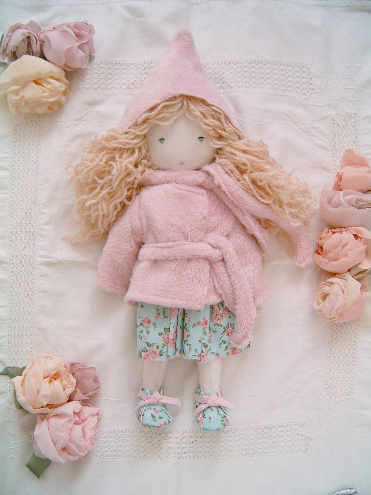 Blonde Girl Waldorf Doll with Romantic Floral Clothes - Sweet Dream Rose