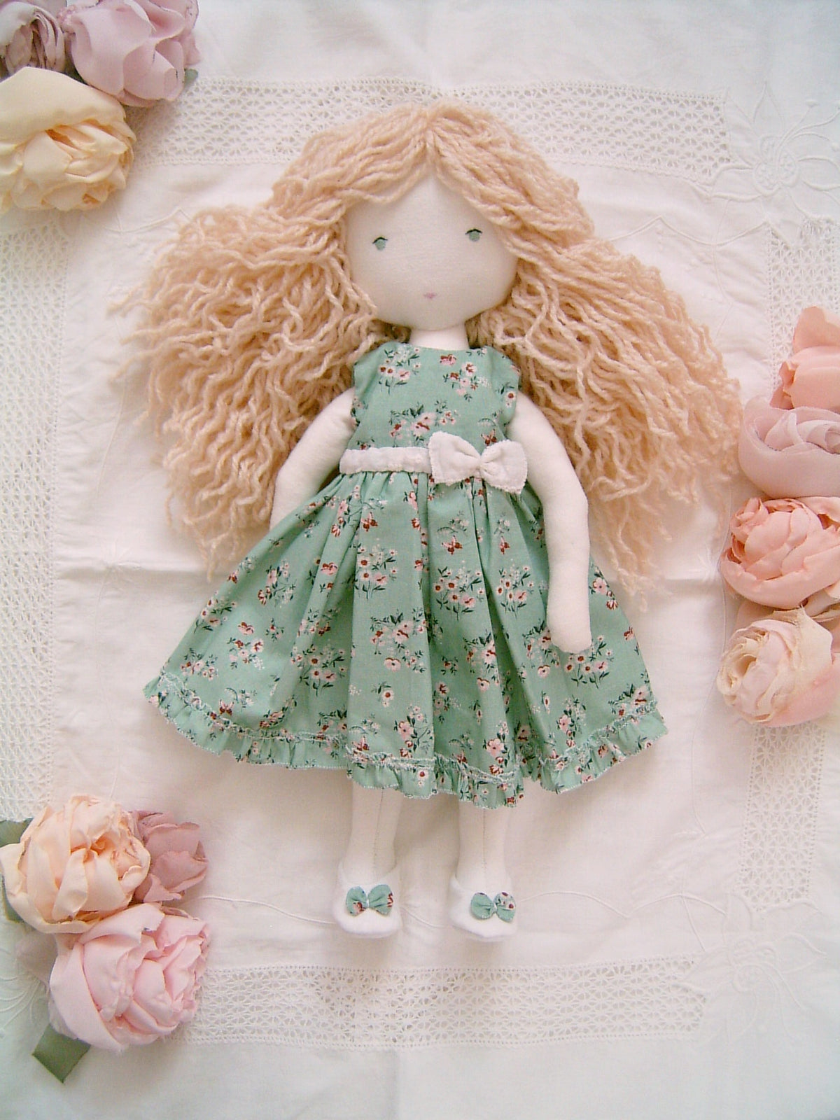 Blonde Girl Waldorf Doll with Romantic Floral Clothes - Sweet Dream Rose