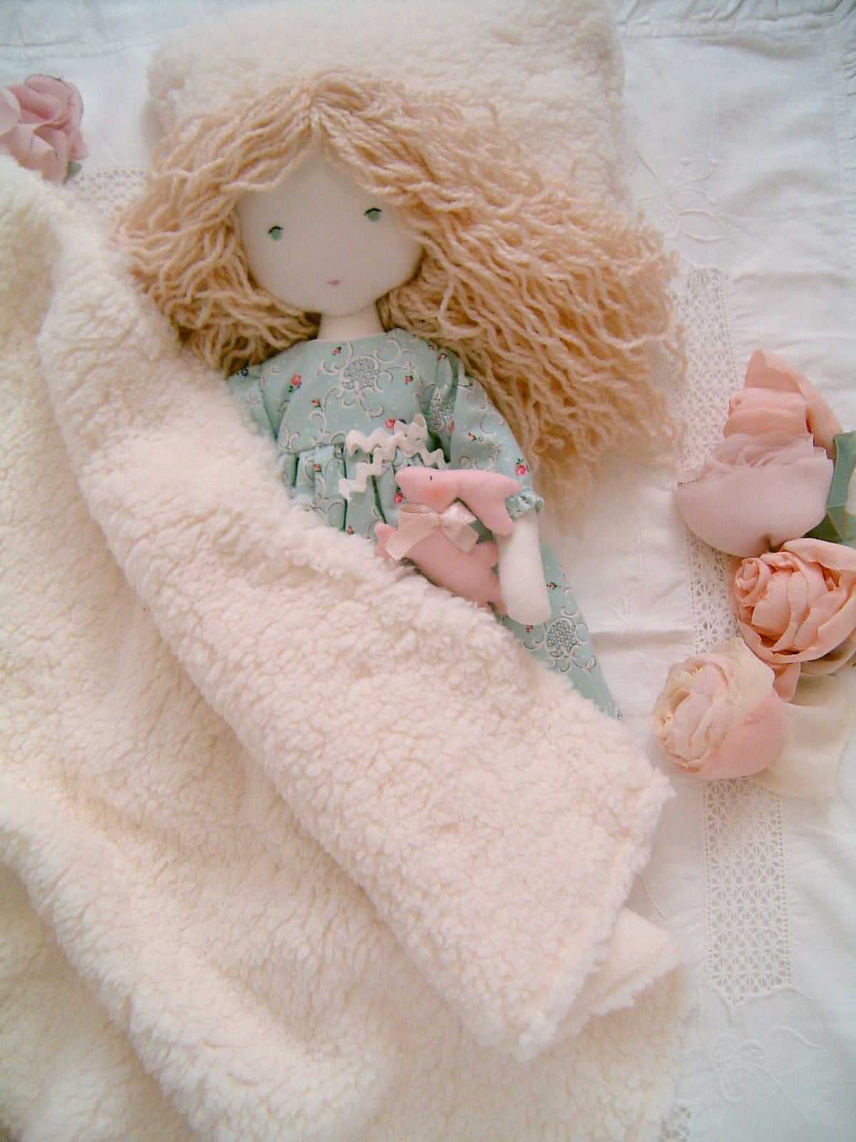 Blonde Girl Waldorf Doll with Romantic Floral Clothes - Sweet Dream Rose
