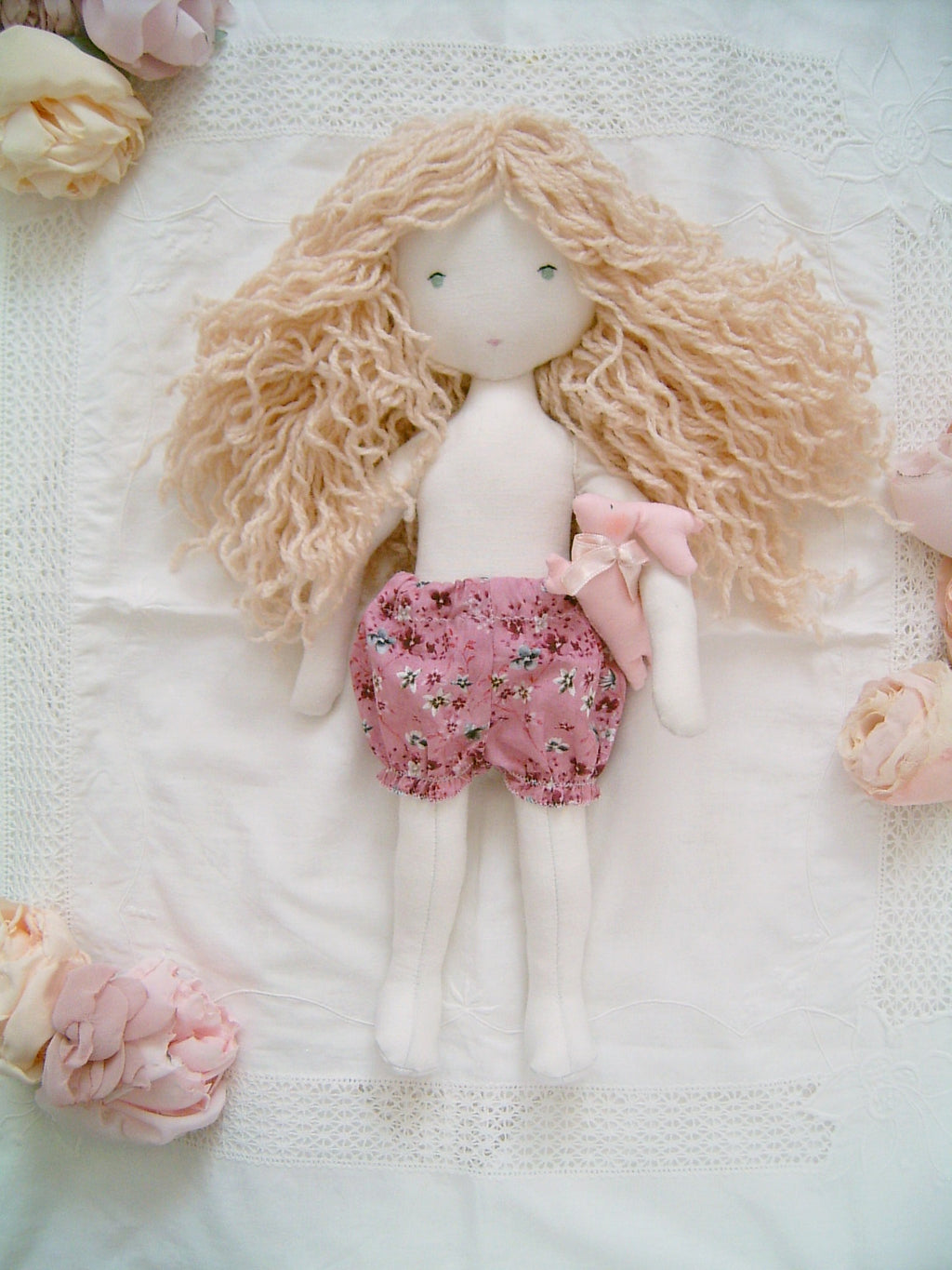 Blonde Girl Waldorf Doll with Romantic Floral Clothes - Sweet Dream Rose