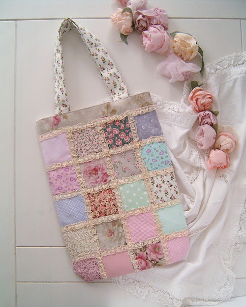 Handmade floral patchwork tote bag with a quilted design in romantic shabby chic style by Sweet Dream Rose