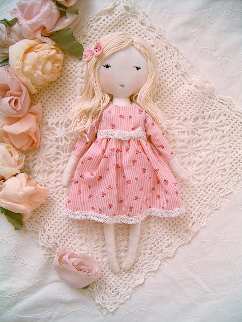 Pink handmade rag doll by Sweet Dream Rose with a romantic shabby chic fabric outfit