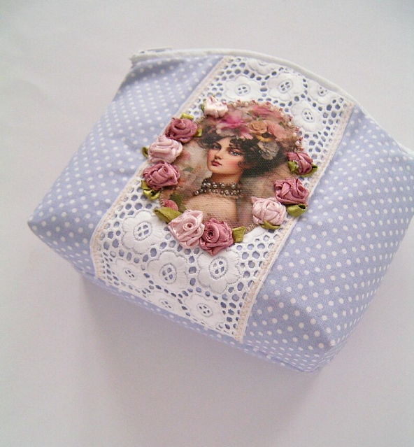 Pastel Blue Polka Dot Romantic Lady Cosmetic Bag - Sweet Dream Rose