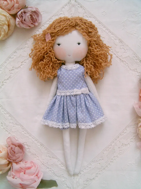 Blue and White Polka Dot Rag Doll – Handmade Shabby Chic Fabric Doll | Sweet Dream Rose