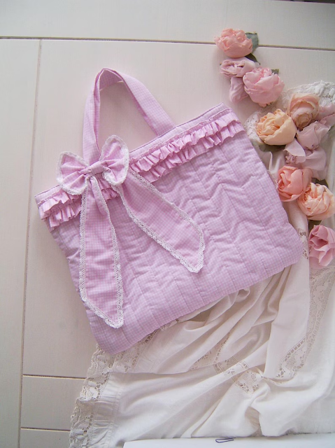 Pink Gingham Quilted Tote Bag – Handmade Shabby Chic Bow Handbag | Sweet Dream Rose