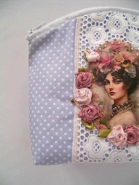 Pastel Blue Polka Dot Romantic Lady Cosmetic Bag - Sweet Dream Rose