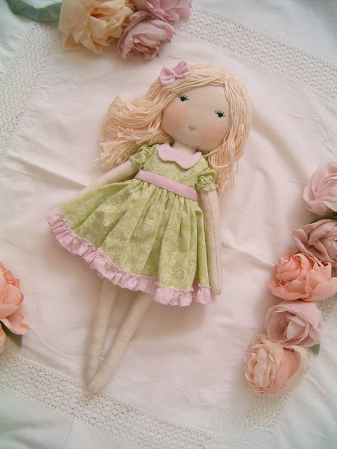 Handmade Rag Doll in a Sage Green Floral Dress – Shabby Chic Doll | Sweet Dream Rose