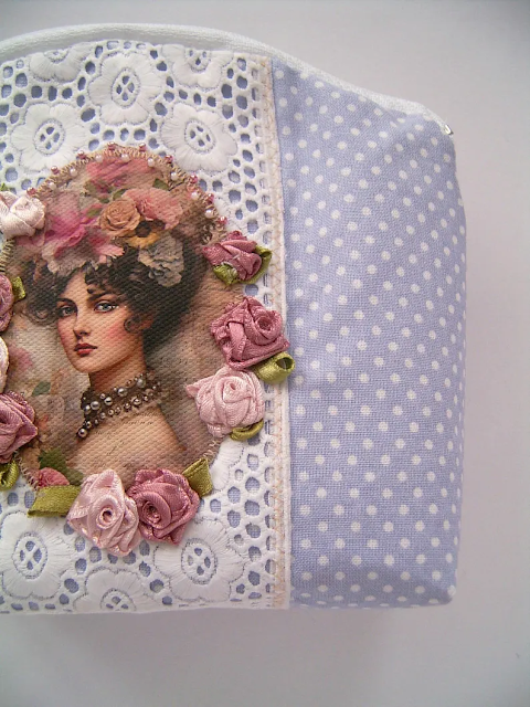 Pastel Blue Polka Dot Romantic Lady Cosmetic Bag - Sweet Dream Rose