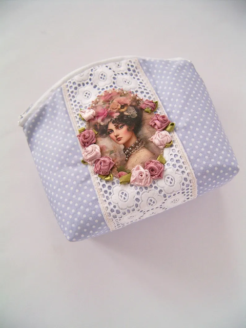 Pastel Blue Polka Dot Romantic Lady Cosmetic Bag - Sweet Dream Rose