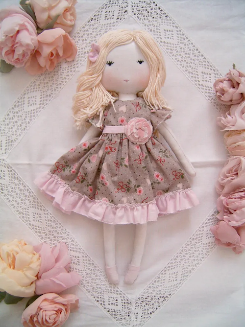 Unique romantic handmade fabric rag doll by Sweet Dream Rose