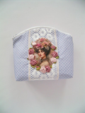 Victorian lady portrait makeup bag with blue polka dot fabric and vintage-inspired details