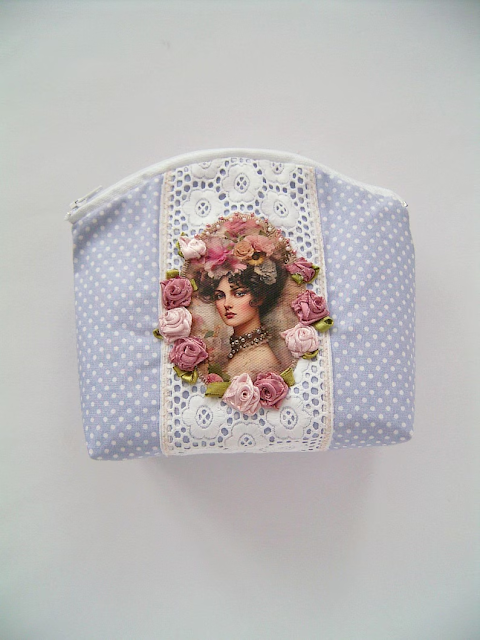 Vintage Rose Handmade Blue Makeup Bag – Shabby Chic Floral Cosmetic Pouch | Sweet Dream Rose